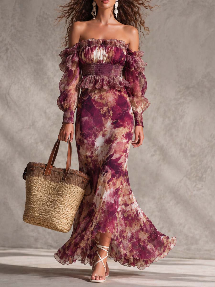 Rosa Off-Shoulder-Chiffon-Maxikleid mit Blumenmuster