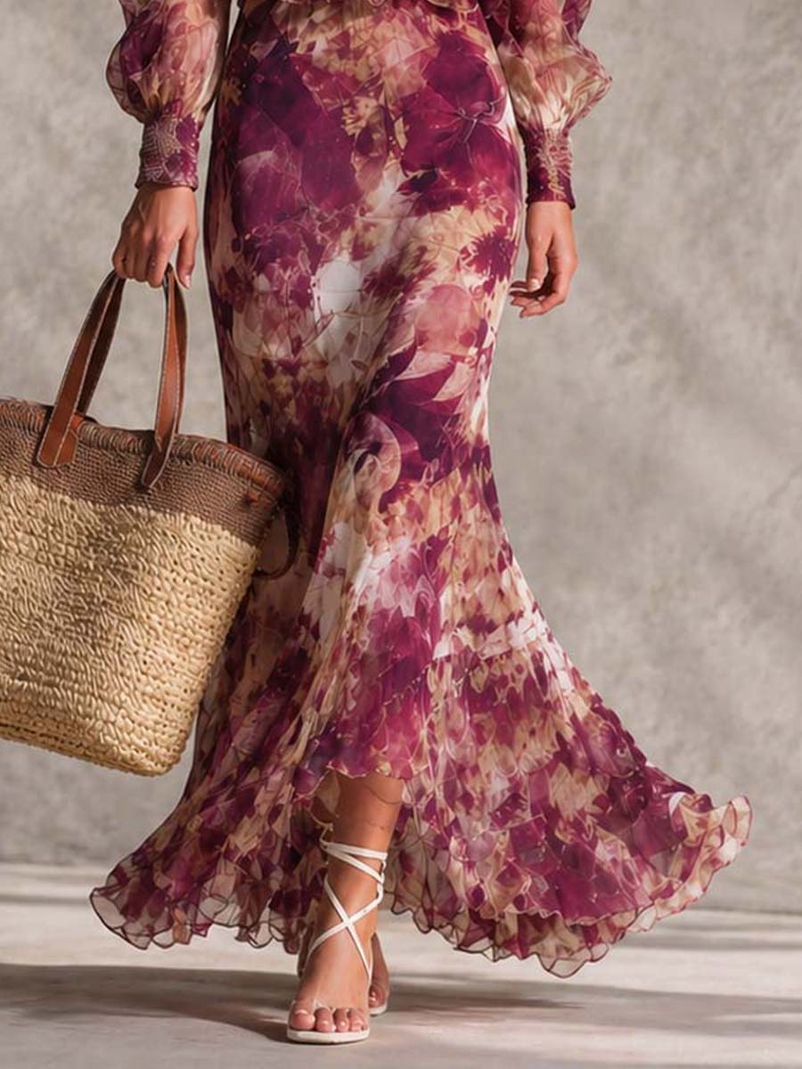 Rosa Off-Shoulder-Chiffon-Maxikleid mit Blumenmuster