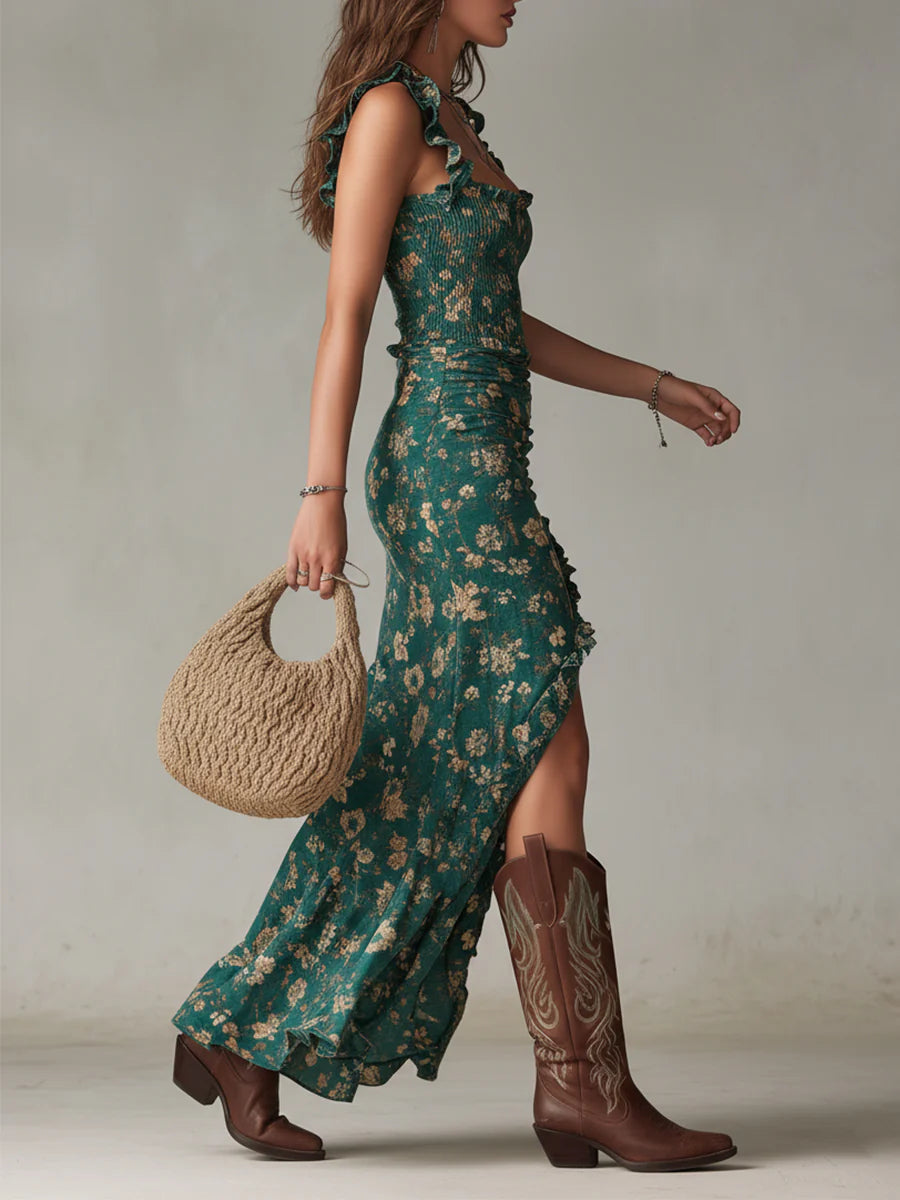 Boho-grünes gemustertes Maxikleid mit Volantärmeln