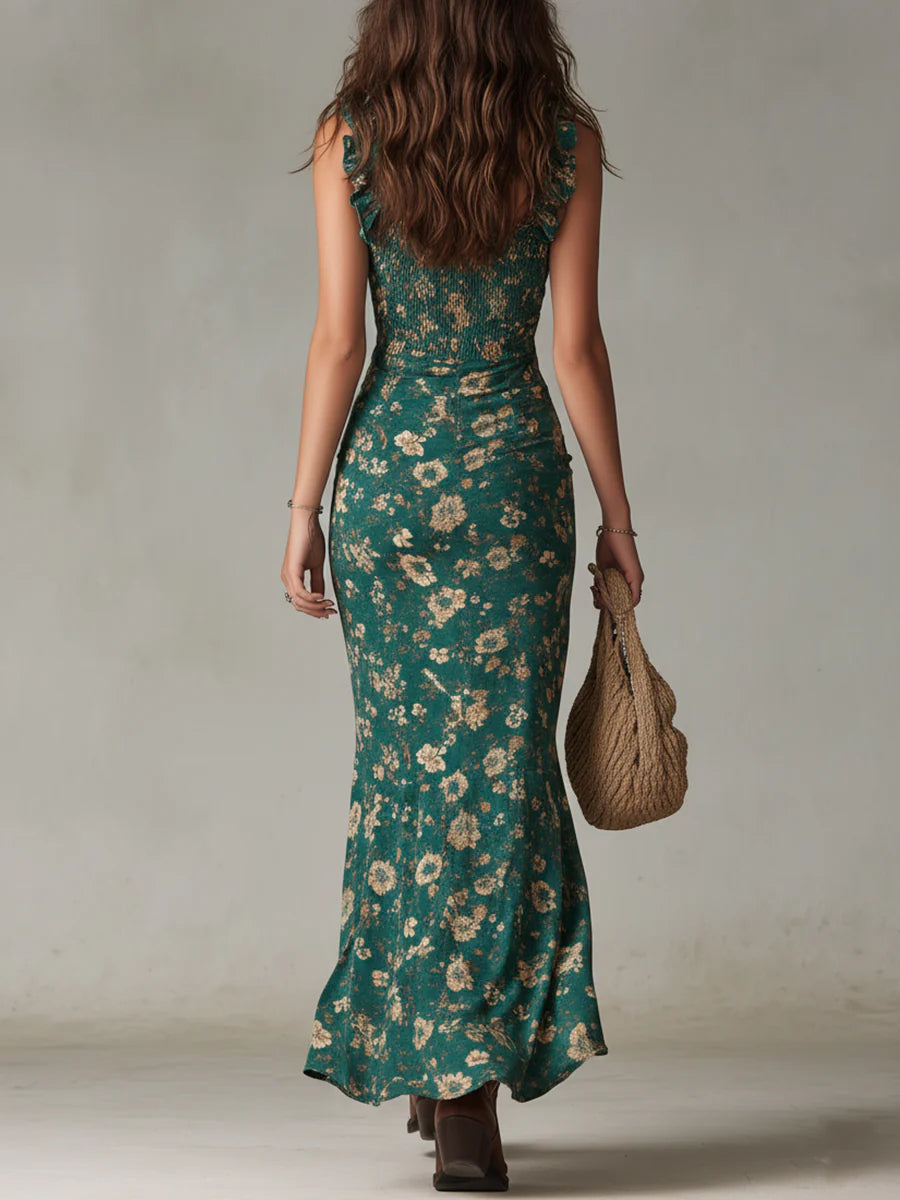 Boho-grünes gemustertes Maxikleid mit Volantärmeln