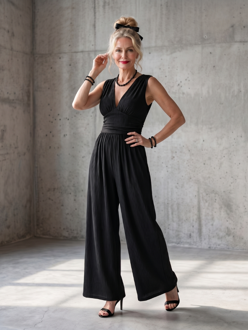 Vincenza | Jumpsuit mit tiefem V-Ausschnitt, betonter Taille und weitem Bein
