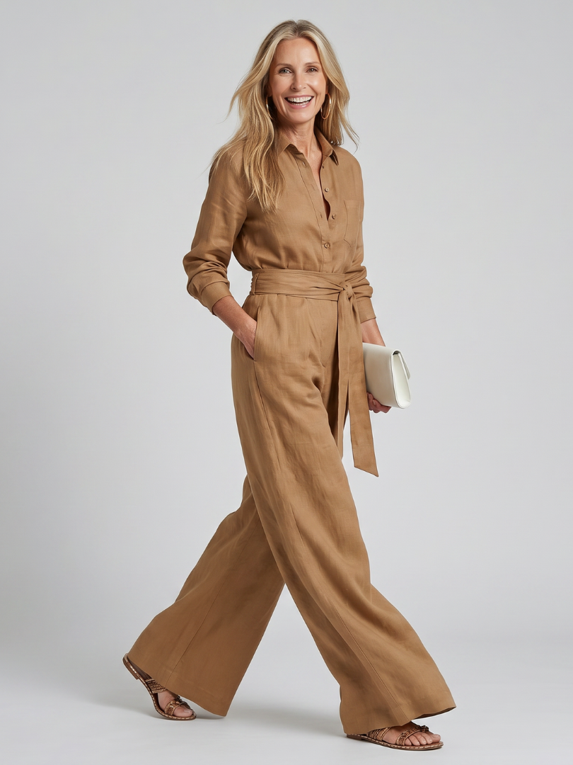 Jovie | Langärmliger Jumpsuit mit Knopfleiste und weitem Bein