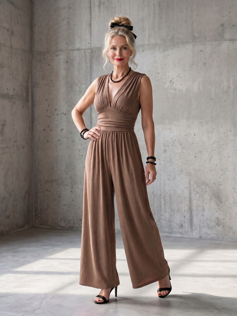 Vincenza | Jumpsuit mit tiefem V-Ausschnitt, betonter Taille und weitem Bein