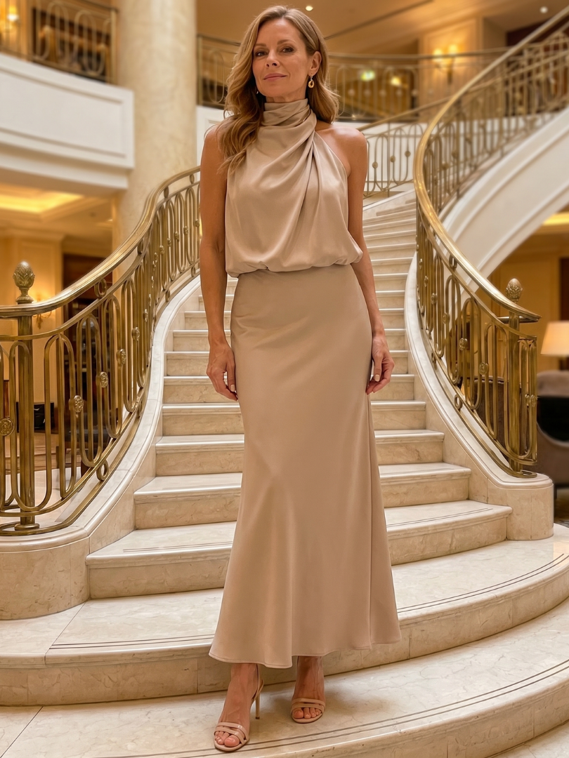 Nopal | Ärmelloses Midikleid mit drapiertem hohem Ausschnitt