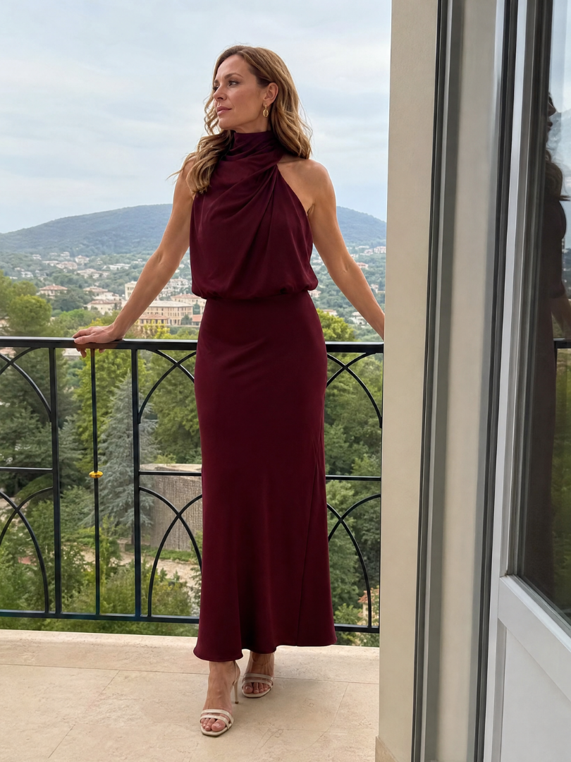 Nopal | Ärmelloses Midikleid mit drapiertem hohem Ausschnitt