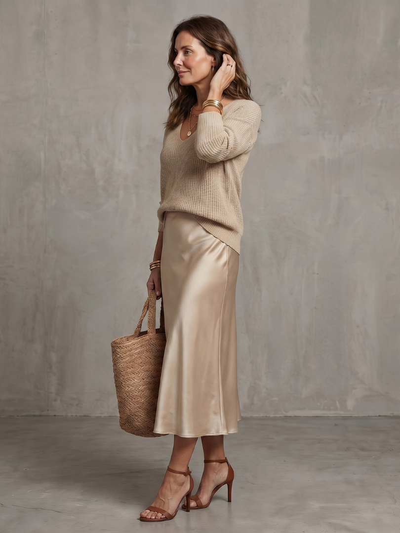 Luciana | Set aus Strickpullover und Satin-Rock im Schrägschnitt