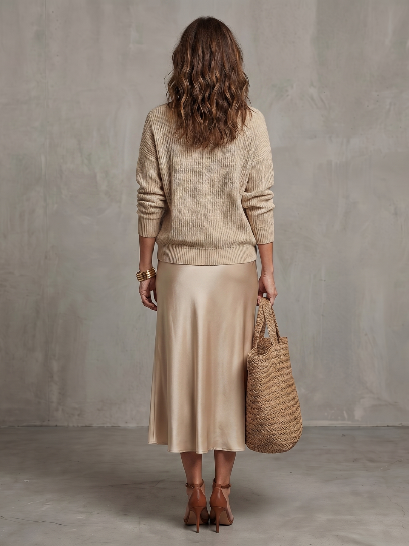 Luciana | Set aus Strickpullover und Satin-Rock im Schrägschnitt