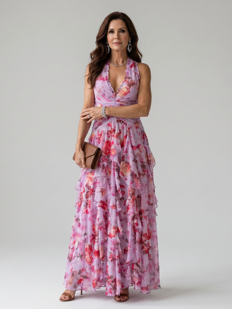 Nori | Maxikleid mit Neckholder, gerafftem Oberteil und Blumenmuster