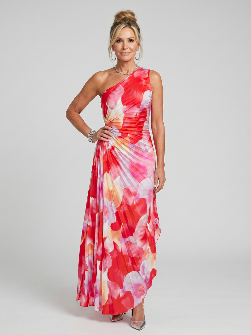Taya | Midikleid mit One-Shoulder-Ausschnitt und plissiertem Oberteil