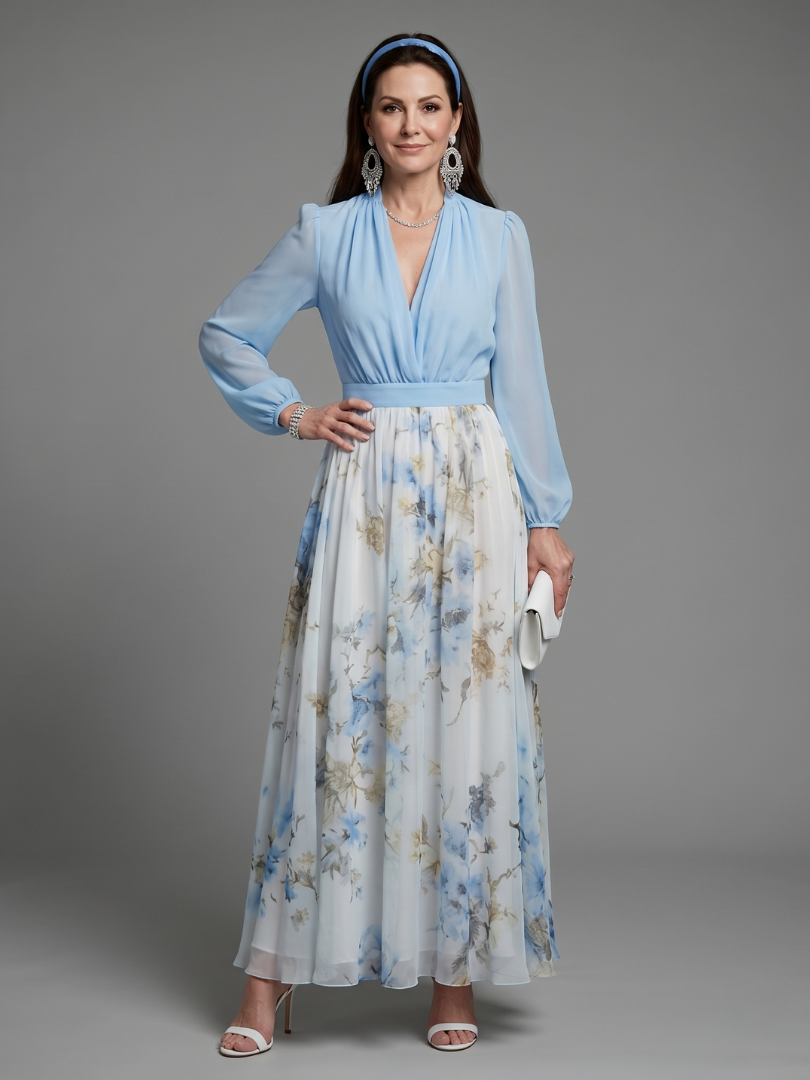 Augusta | Maxikleid mit V-Ausschnitt, transparentem Oberteil und Blumenmuster