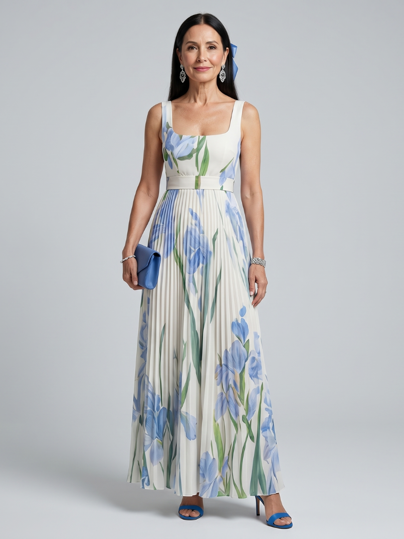 Ophelia | Ärmelloses Midikleid mit eckigem Ausschnitt und Blumenmuster