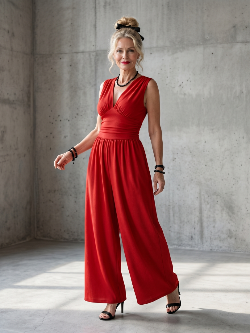 Vincenza | Jumpsuit mit tiefem V-Ausschnitt, betonter Taille und weitem Bein
