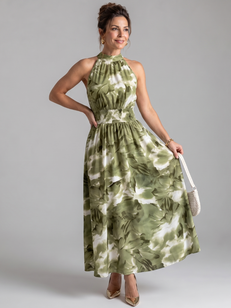 Olivia | Midikleid mit gerafftem Taillenband und abstraktem Print
