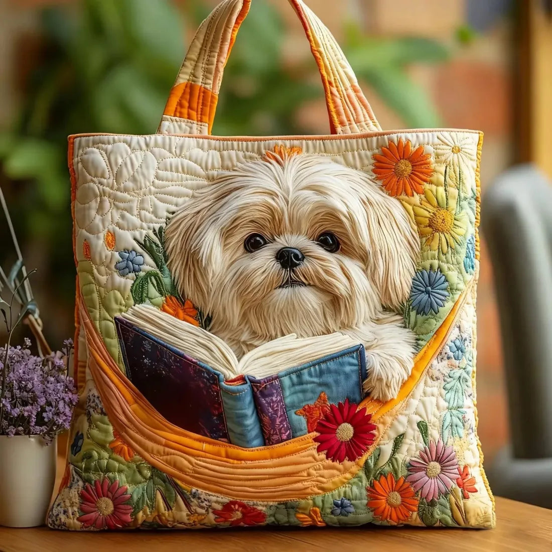 Shopper Shih Tzu mit Büchern und Blumen