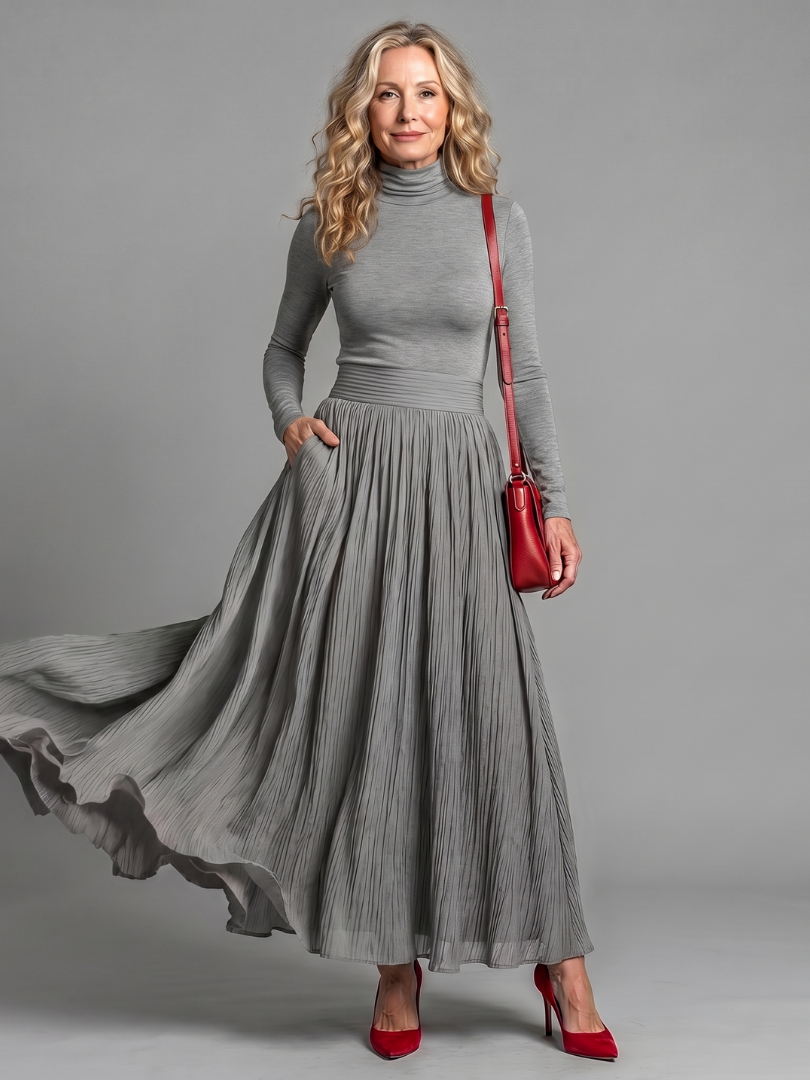 Lana | Langärmliges Midikleid mit Rollkragen und betonter Taille