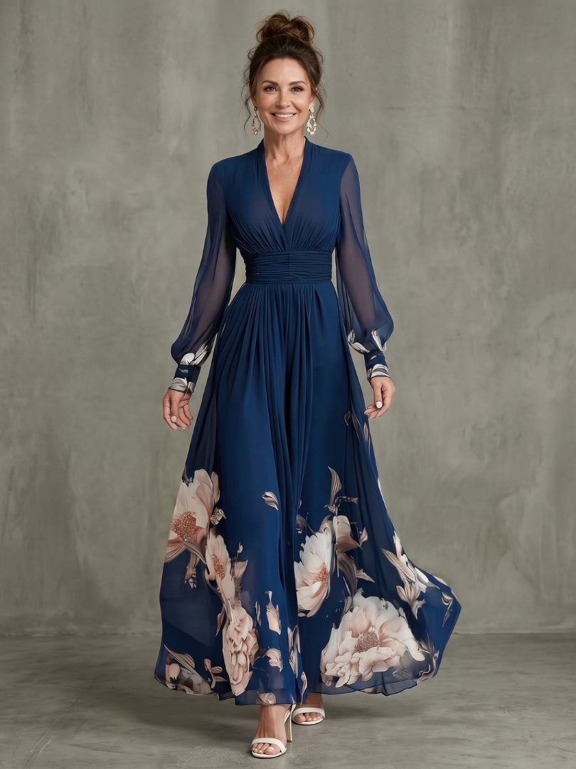 Ziva | Maxikleid mit Plissee und transparenten Ärmeln