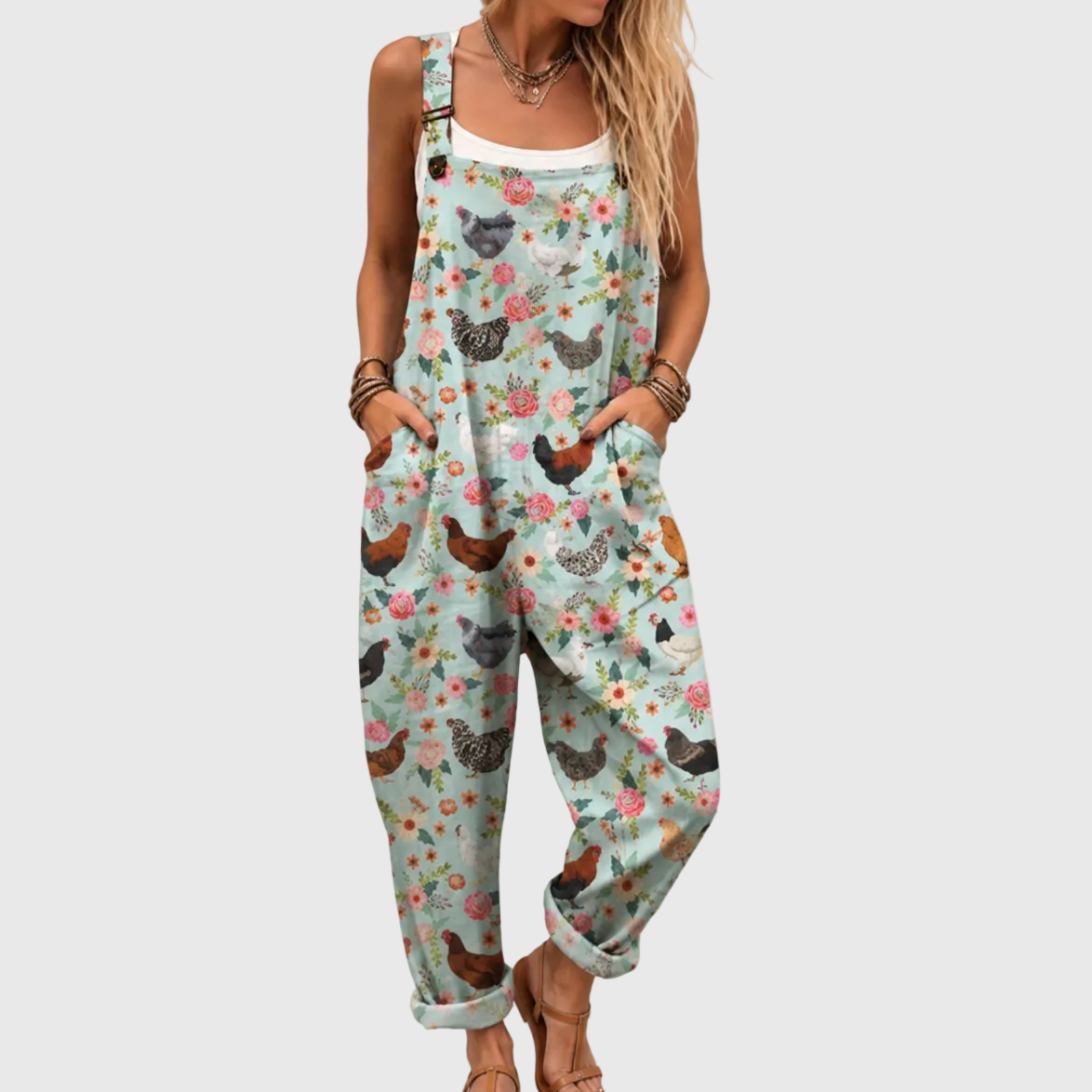 Weicher Jumpsuit mit Hühnermuster und Taschen