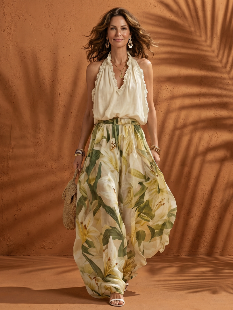 Solange | Set mit Neckholder-Bluse und geblümter, weiter Hose