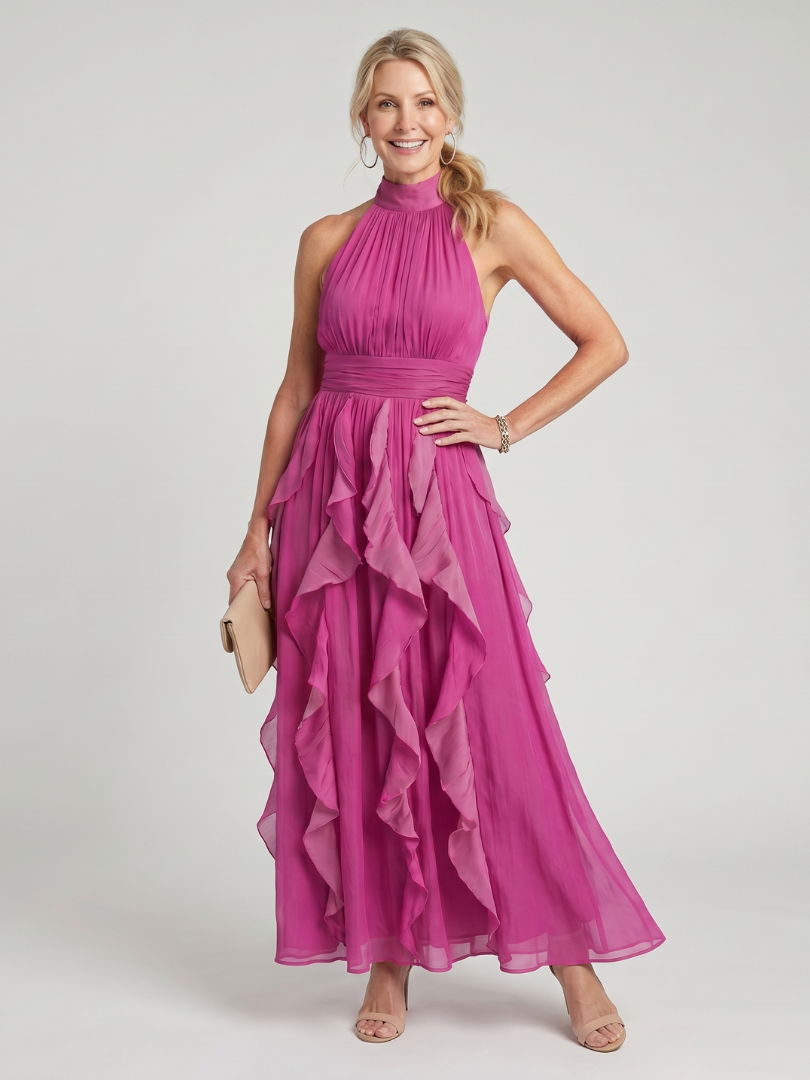 Orea | Maxikleid mit hohem Neckholder-Ausschnitt und gestuftem Volantrock