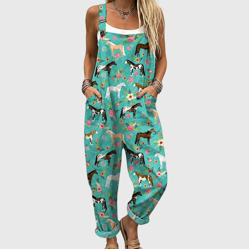 Latzhose mit Blumen und Pferden