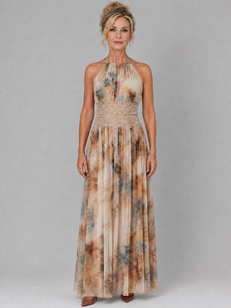 Elavenue | Maxikleid mit Neckholder-Ausschnitt und Spitzendetail an der Taille