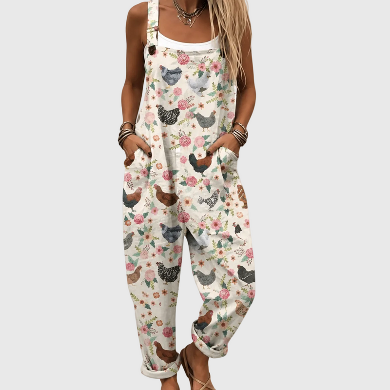 Weicher Vintage-Jumpsuit mit Hühnern und Blumen