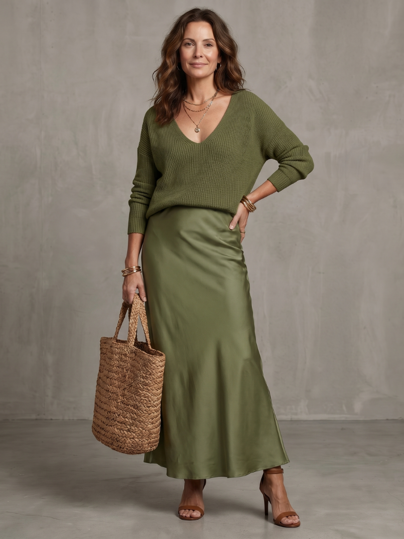 Luciana | Set aus Strickpullover und Satin-Rock im Schrägschnitt