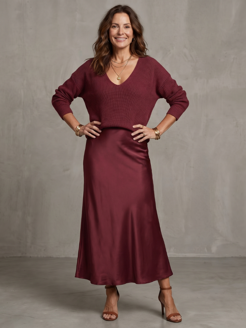 Luciana | Set aus Strickpullover und Satin-Rock im Schrägschnitt