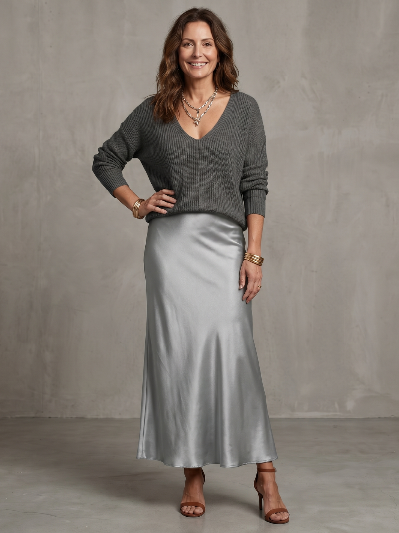 Luciana | Set aus Strickpullover und Satin-Rock im Schrägschnitt
