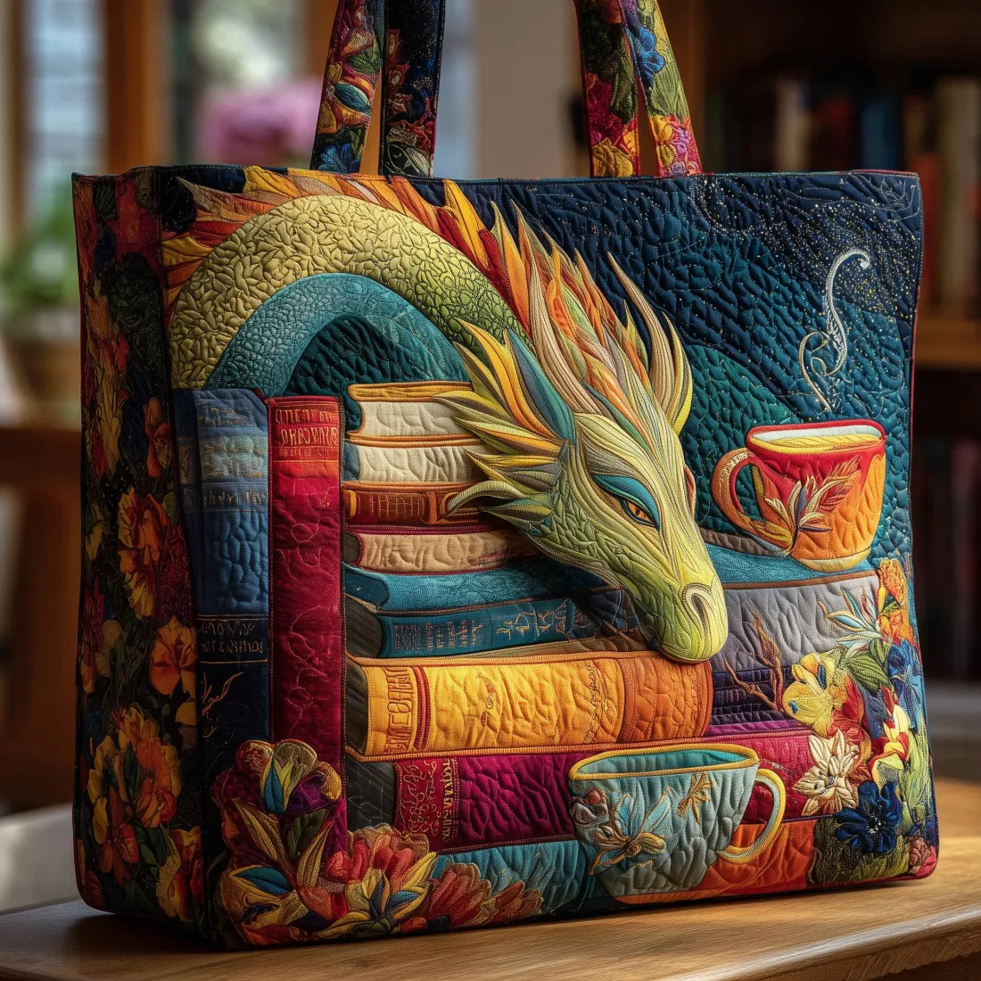 Shopper Bücher lesender Drache mit Tassen – Ansicht 2