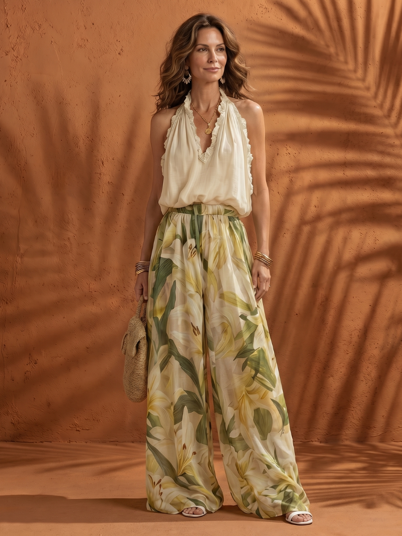 Solange | Set mit Neckholder-Bluse und geblümter, weiter Hose