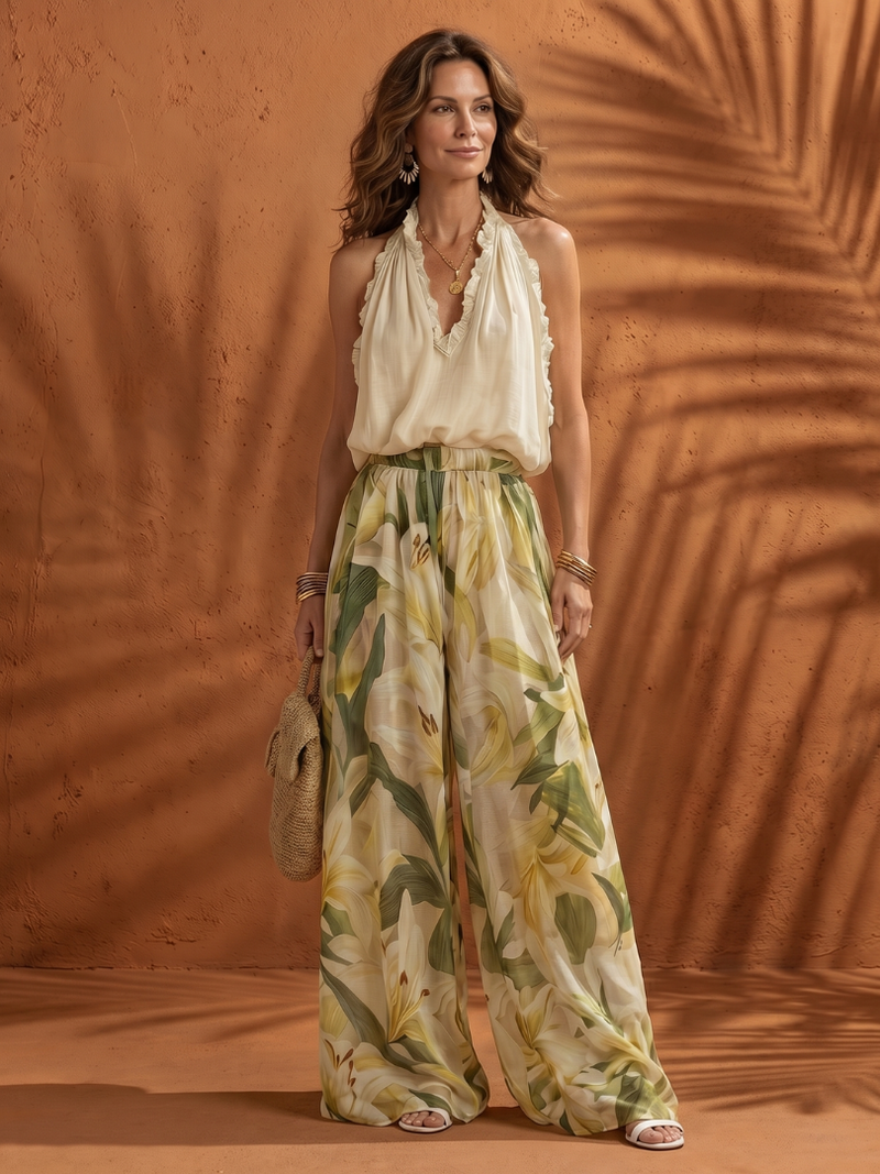 Solange | Set mit Neckholder-Bluse und geblümter, weiter Hose