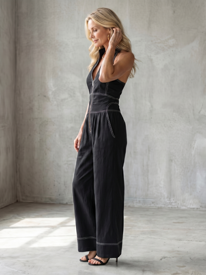 Dara | Jumpsuit mit Reißverschluss und Kontrastnähten, weites Bein