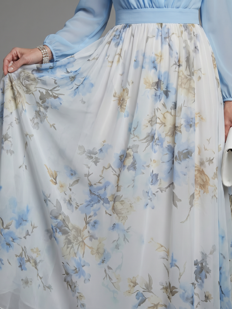 Augusta | Maxikleid mit V-Ausschnitt, transparentem Oberteil und Blumenmuster