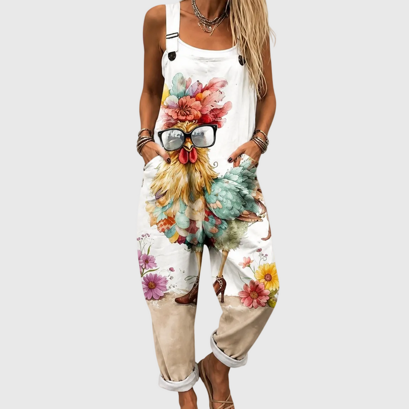 Bequeme Latzhose mit Blumen- und Hühnermuster