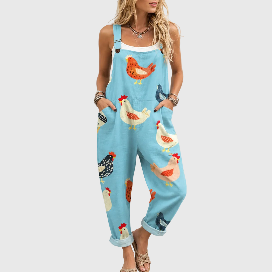 Blauer Casual-Jumpsuit mit Hühnermuster