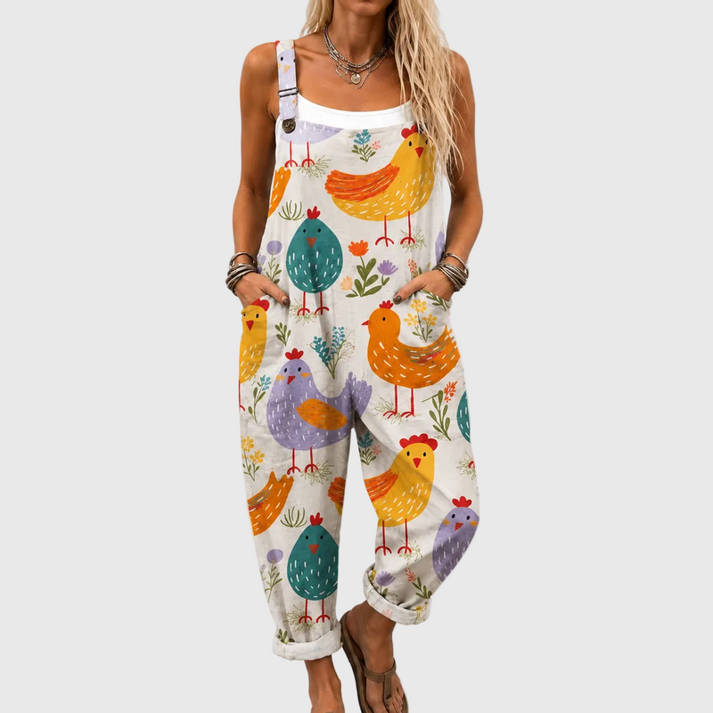 Weicher Jumpsuit mit buntem Vogel-Muster