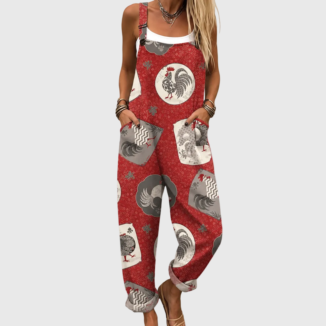 Entspannte Latzhose mit Vintage-Hahn-Muster