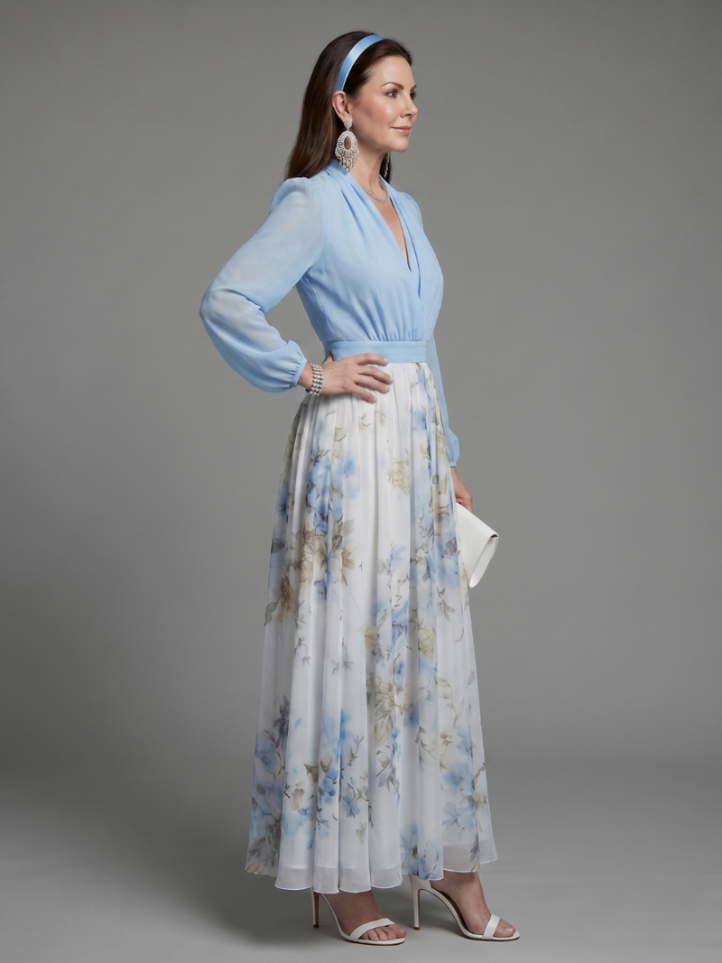 Augusta | Maxikleid mit V-Ausschnitt, transparentem Oberteil und Blumenmuster