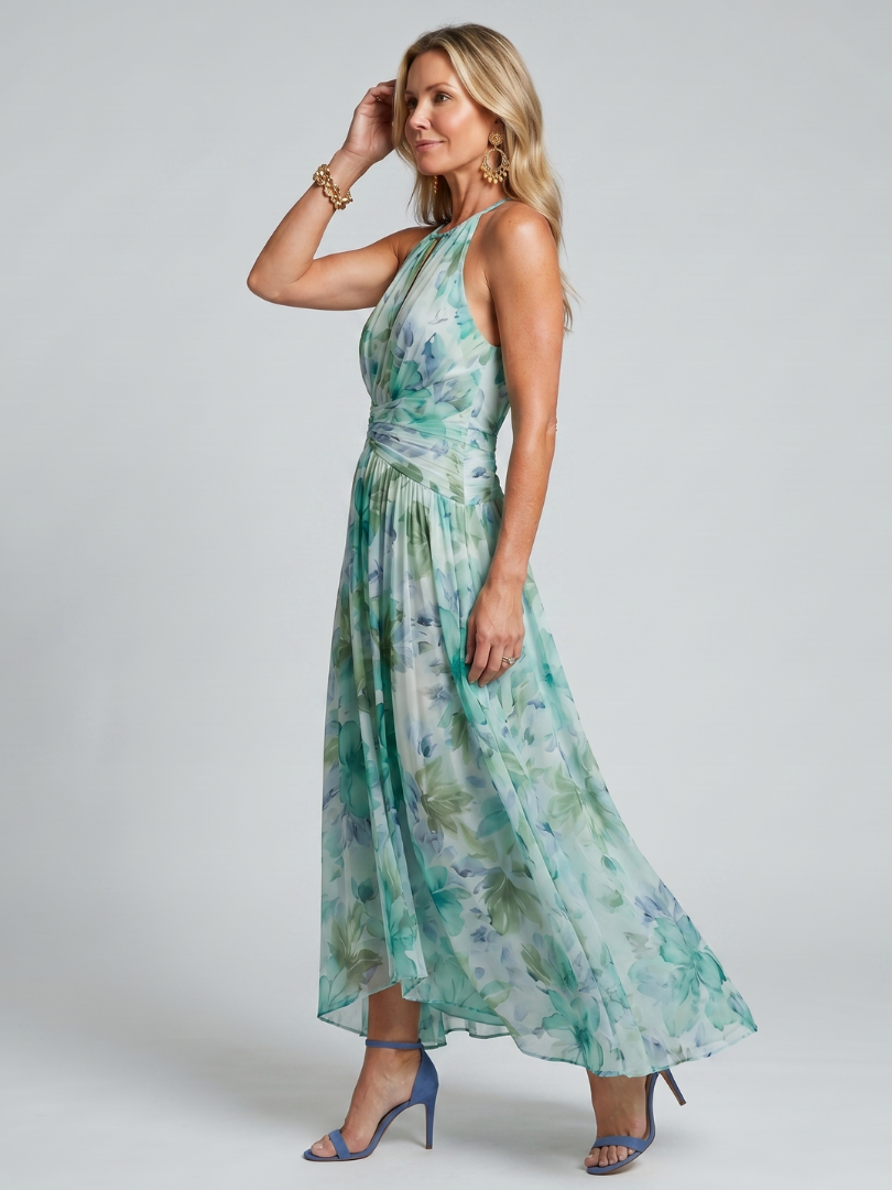 Portia | Plissiertes Midikleid mit Neckholder und zartem Blumenmuster