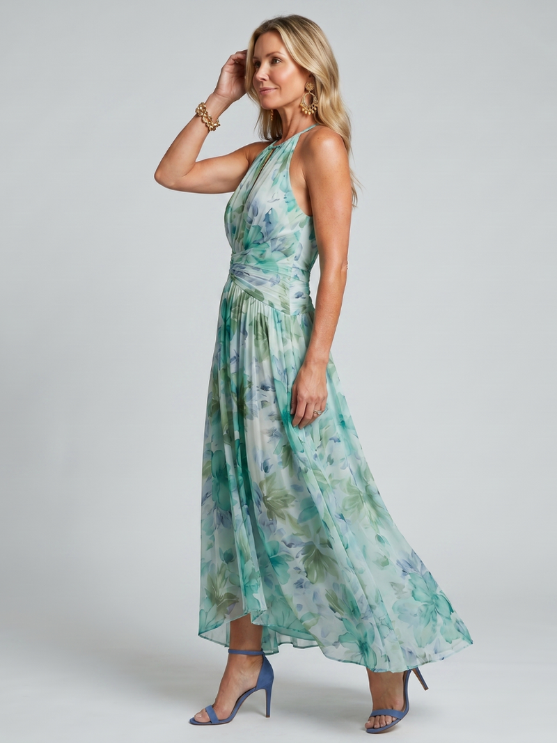 Portia | Plissiertes Midikleid mit Neckholder und zartem Blumenmuster