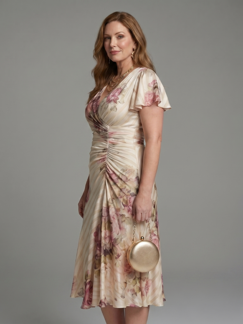 Katarina | Midikleid mit Schmetterlingsärmeln, Wickeloptik und geblümtem Streifenprint