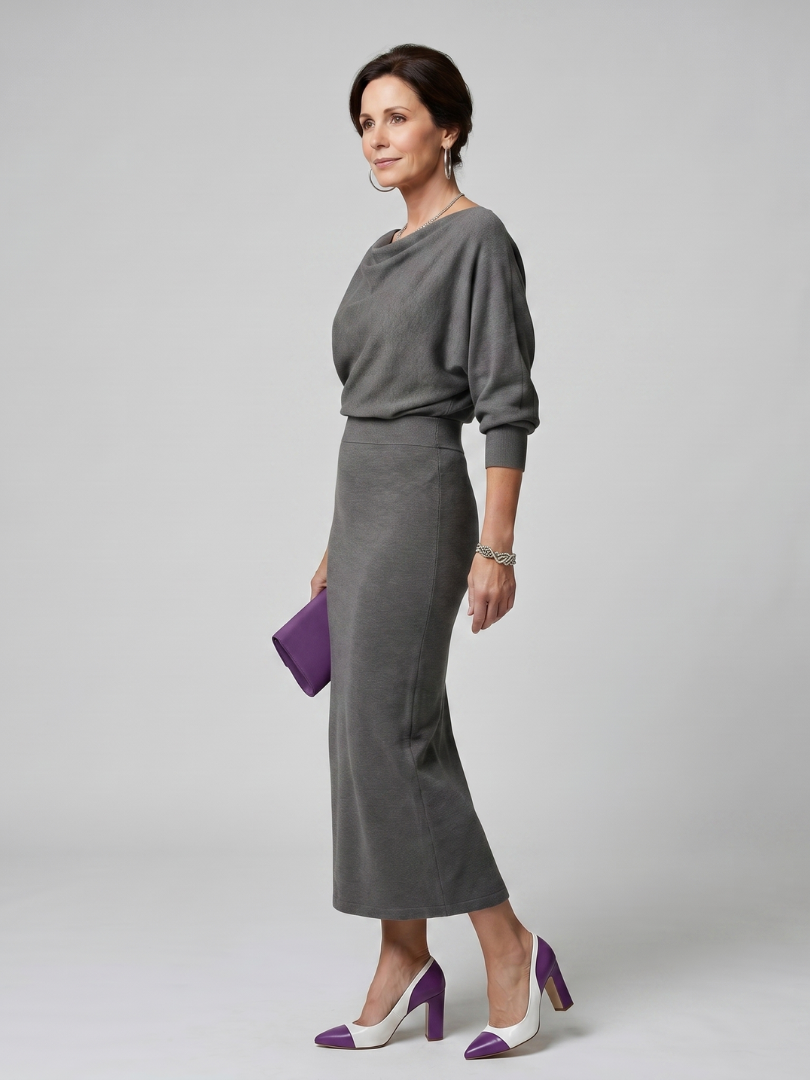 Romy | Midikleid mit drapiertem Ausschnitt und figurbetontem Rock