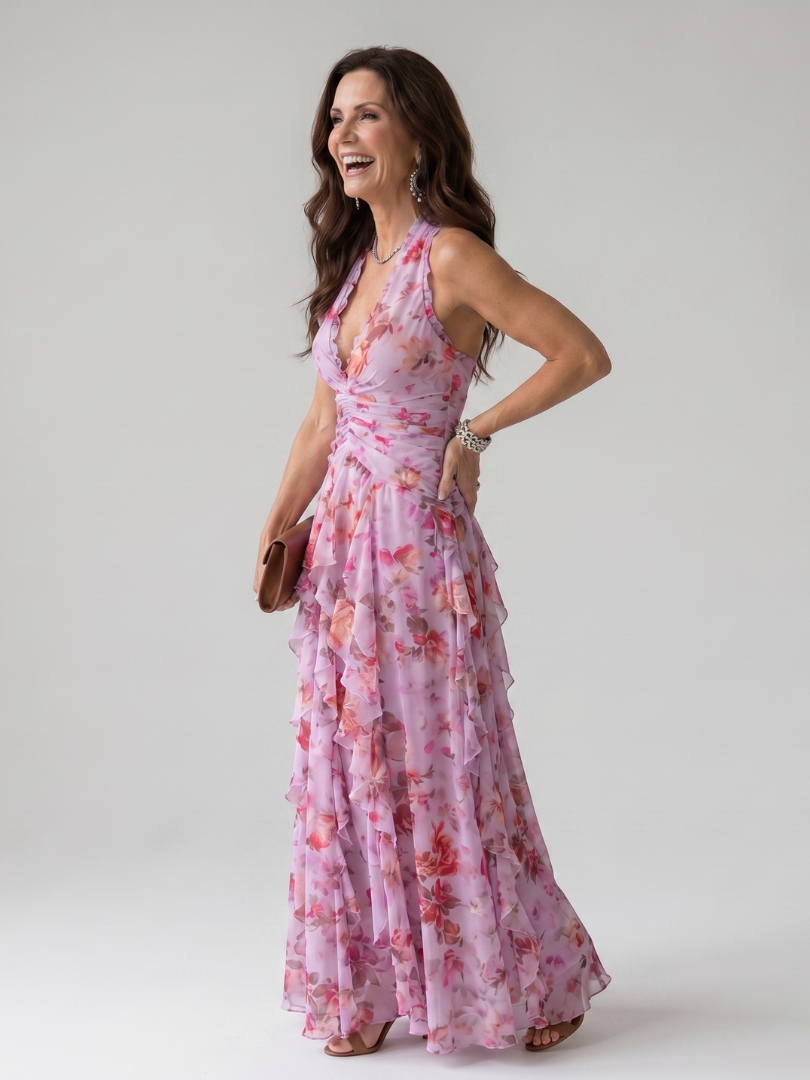 Nori | Maxikleid mit Neckholder, gerafftem Oberteil und Blumenmuster