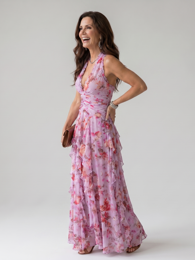 Nori | Maxikleid mit Neckholder, gerafftem Oberteil und Blumenmuster