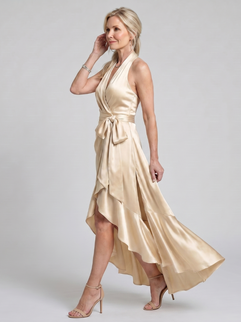 Honora | Midikleid mit Wickeloptik, Neckholder und asymmetrischem Saum