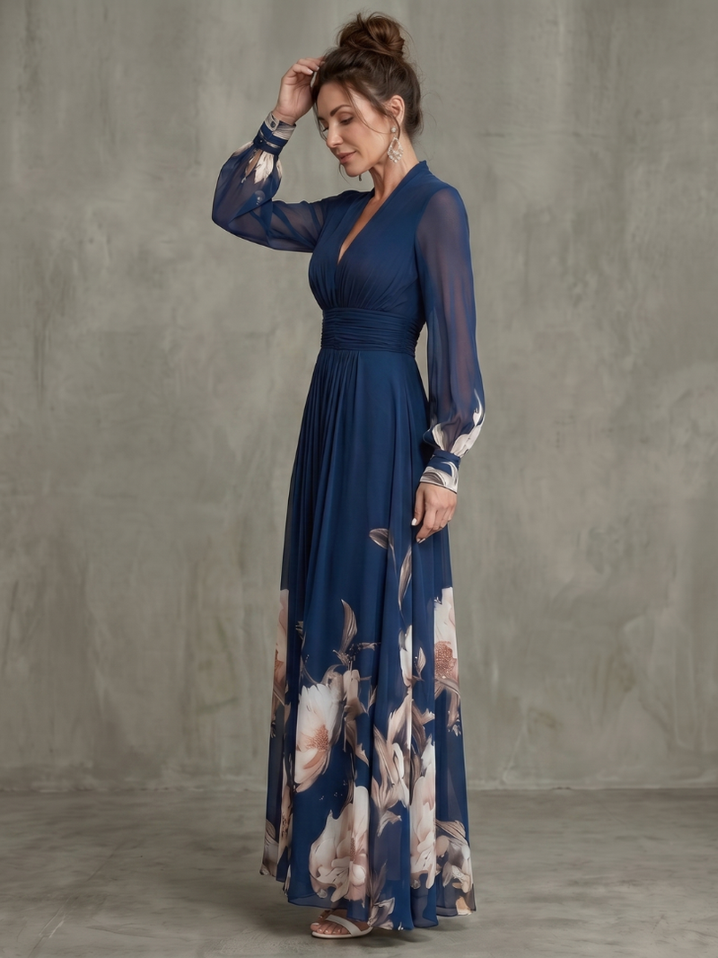 Ziva | Maxikleid mit Plissee und transparenten Ärmeln