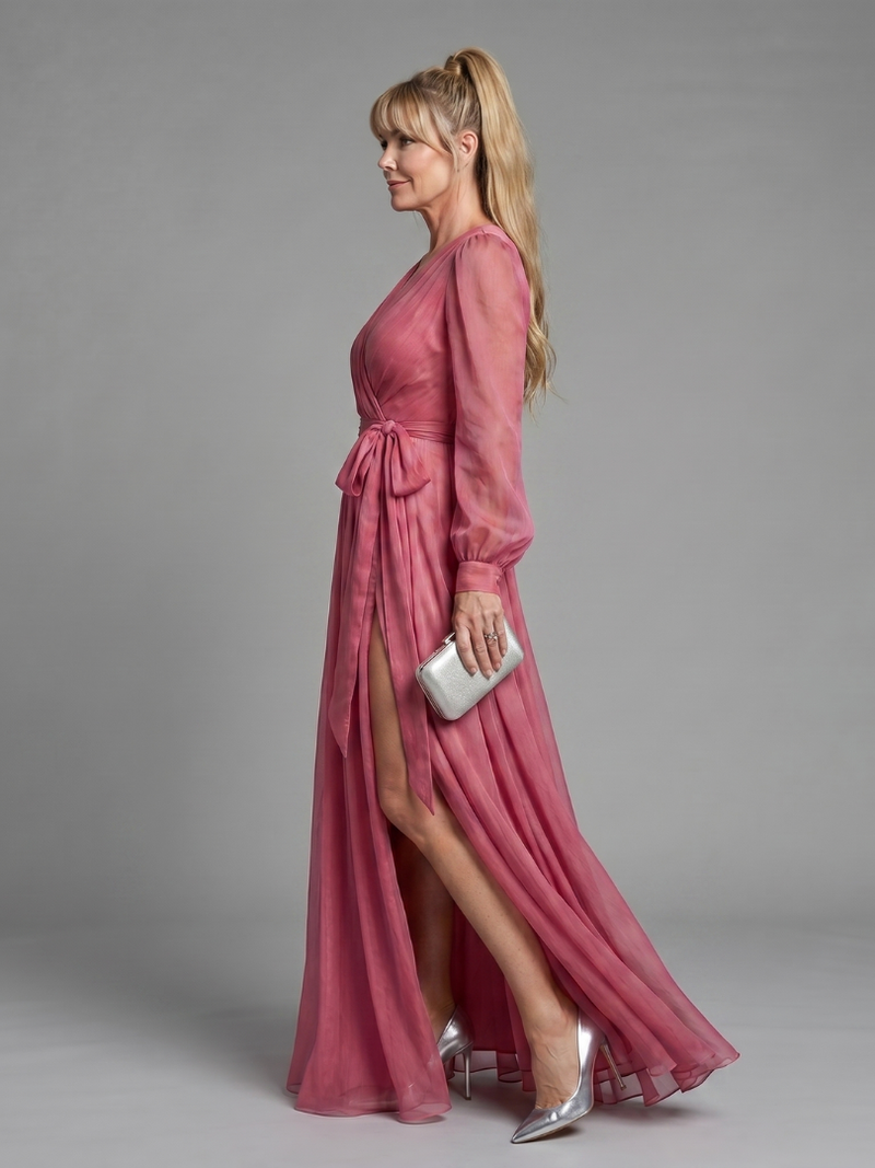 Meredith | Langärmliges, fließendes Maxikleid mit transparentem Wickel-Detail
