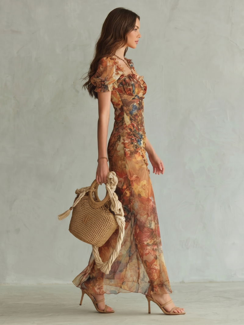 Ciel | Midikleid mit Volantärmeln, gerafftem Oberteil und Schlitz