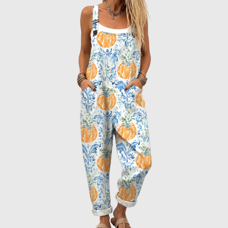 Weicher Jumpsuit mit Kürbis- und blauem Blumenmuster